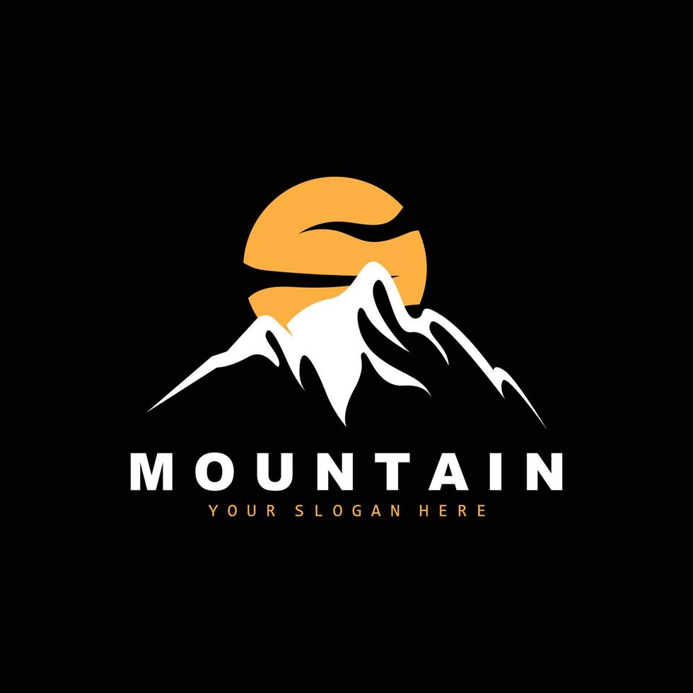 design del logo di montagna, luogo vettoriale per escursionisti amanti della natura