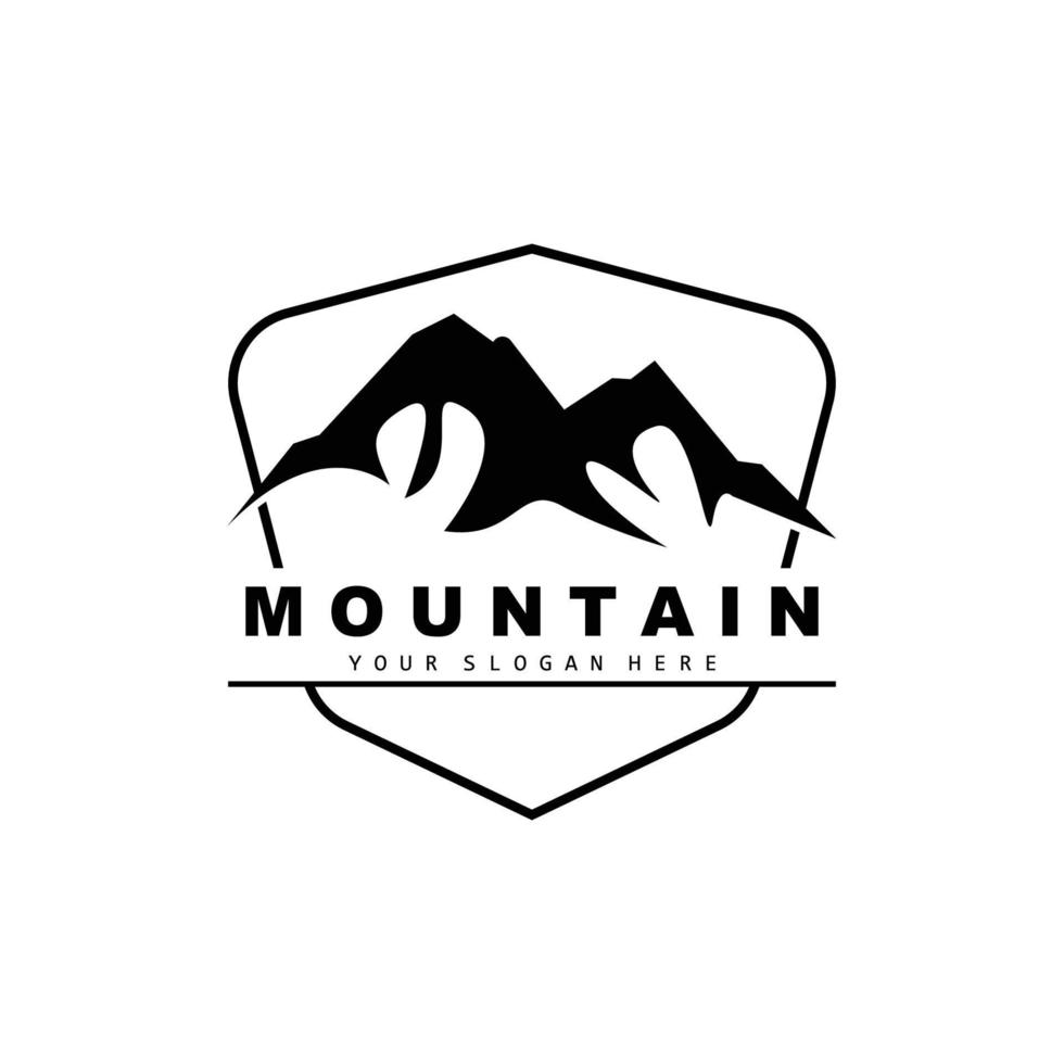 design del logo di montagna, luogo vettoriale per escursionisti amanti della natura