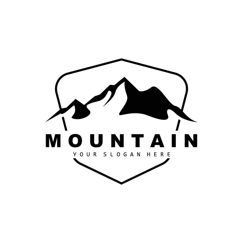 design del logo di montagna, luogo vettoriale per escursionisti amanti della natura