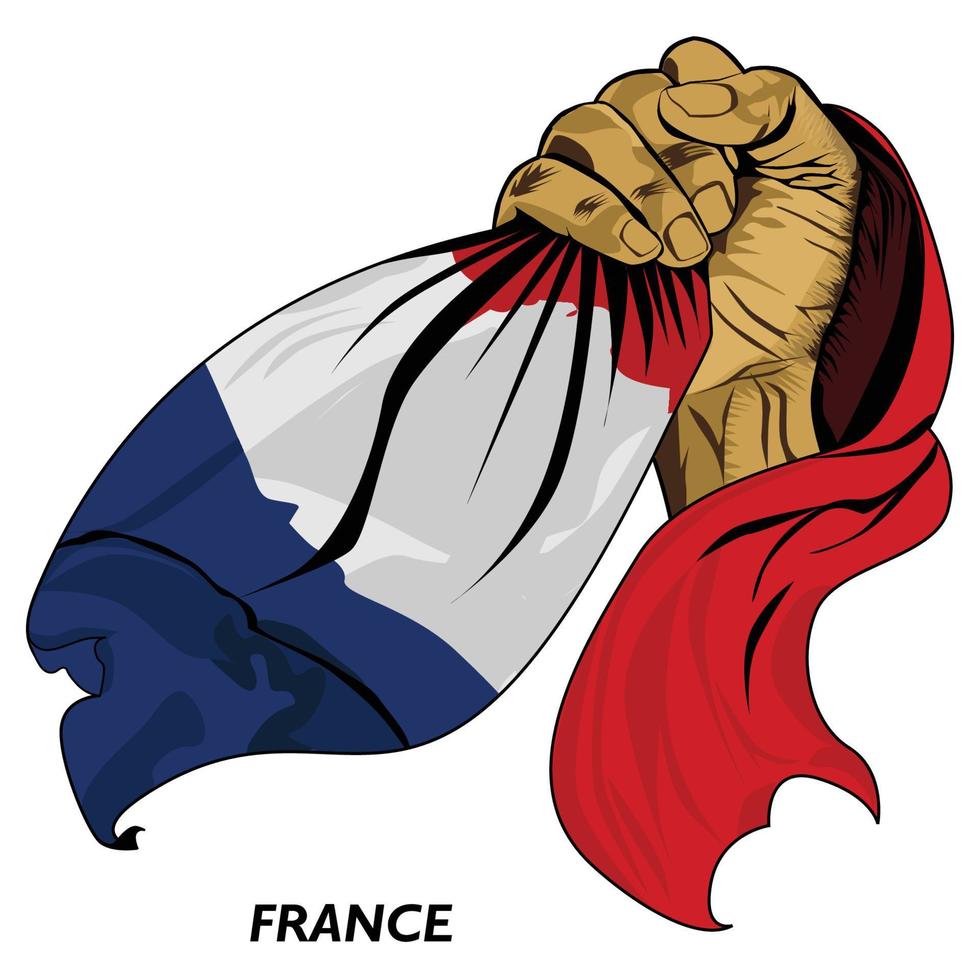 pugno mano Tenere francese bandiera. vettore illustrazione di mano sollevato e afferrando bandiera. bandiera drappeggio in giro mano. eps formato