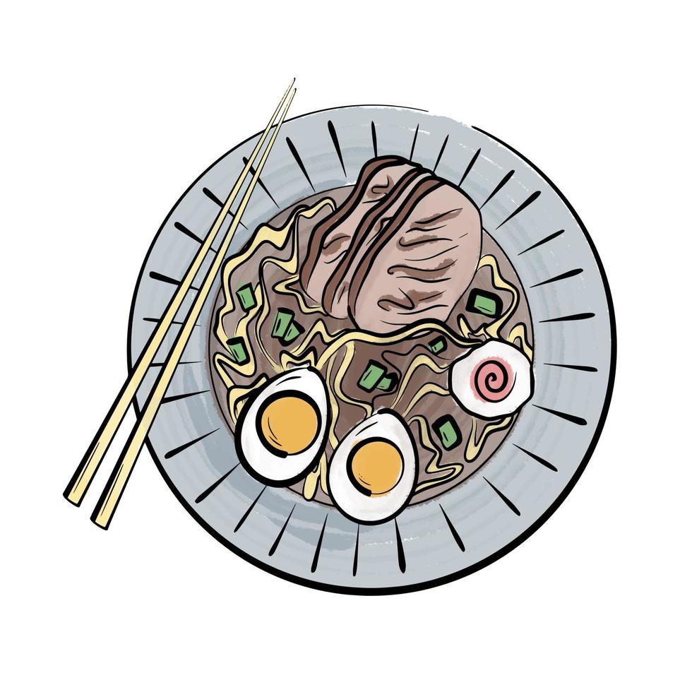 ramen giapponese spaghetto piatto. giapponese cibo. asiatico cucina. flatlay vettore illustrazione