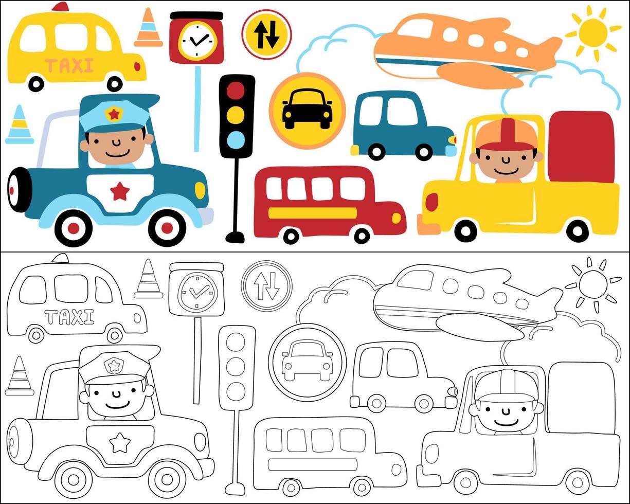 vettore impostato di traffico elementi cartone animato con divertente autista, colorazione libro o pagina