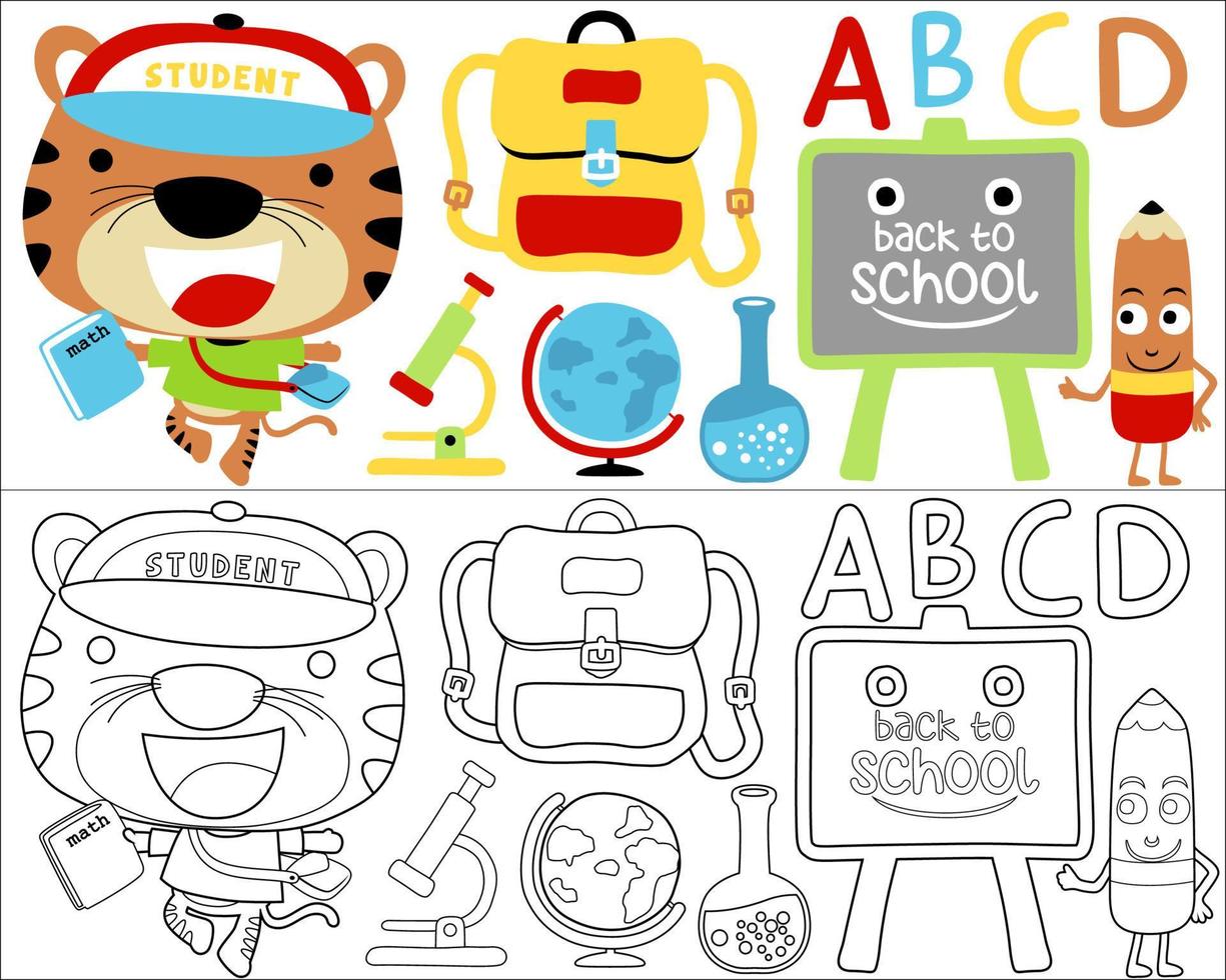 vettore illustrazione di divertente tigre cartone animato con scuola forniture, colorazione libro o pagina