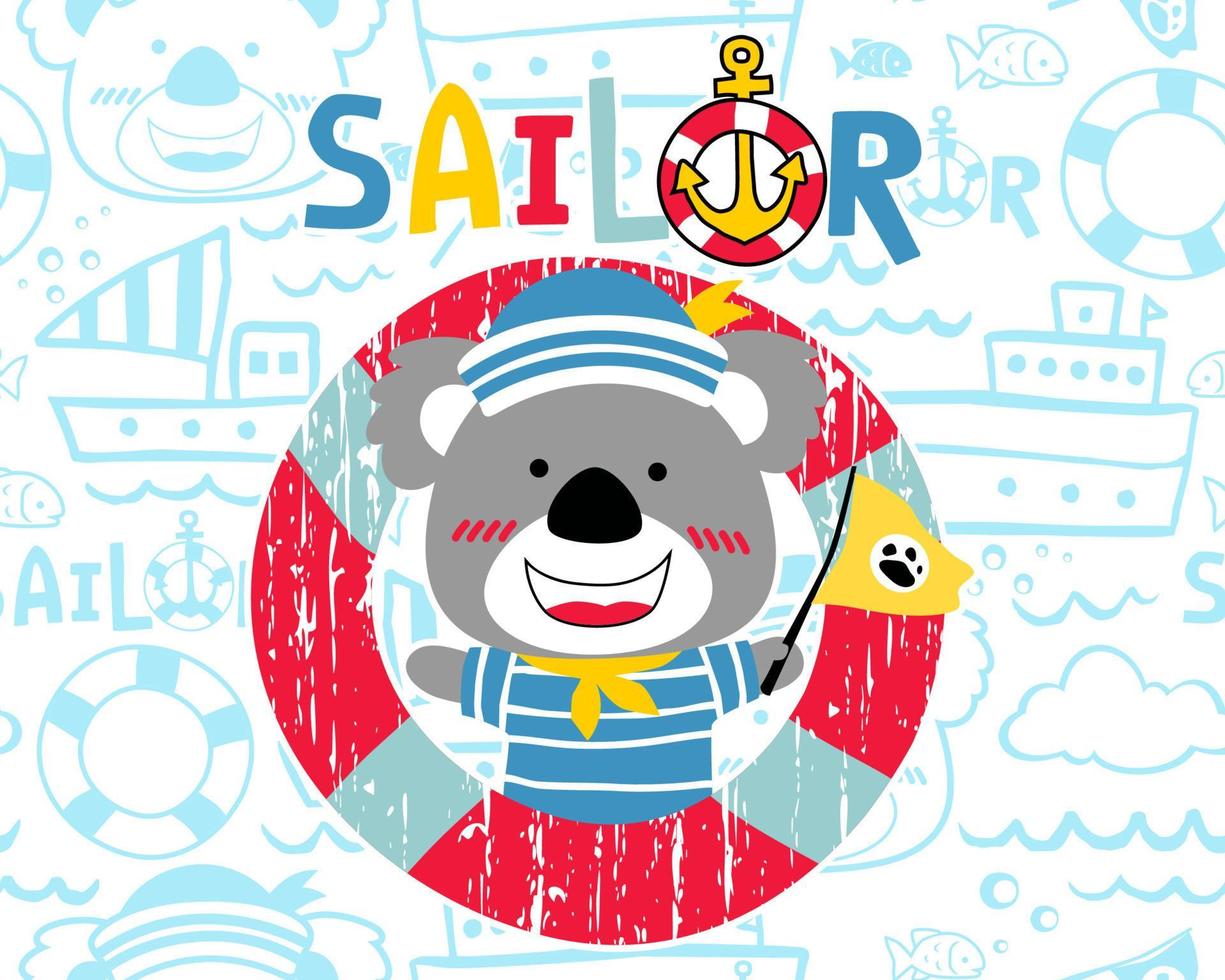 vettore di divertente koala cartone animato nel marinaio uniforme nel salvagente su senza soluzione di continuità modello di andare in barca elementi illustrazione