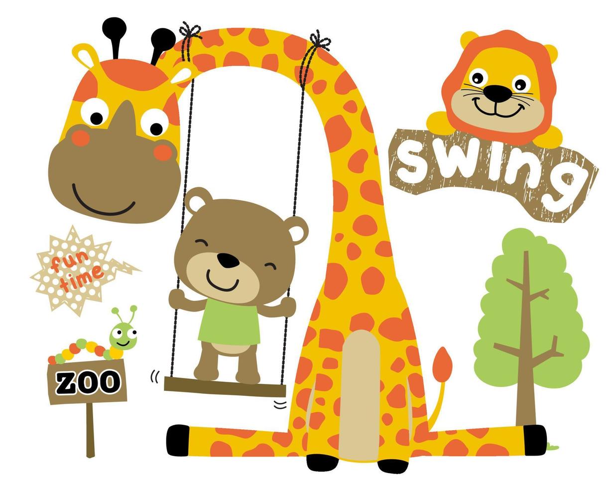 vettore impostato di divertente animali cartone animato giocando oscillazione. giraffa, orso, Leone e poco bruco