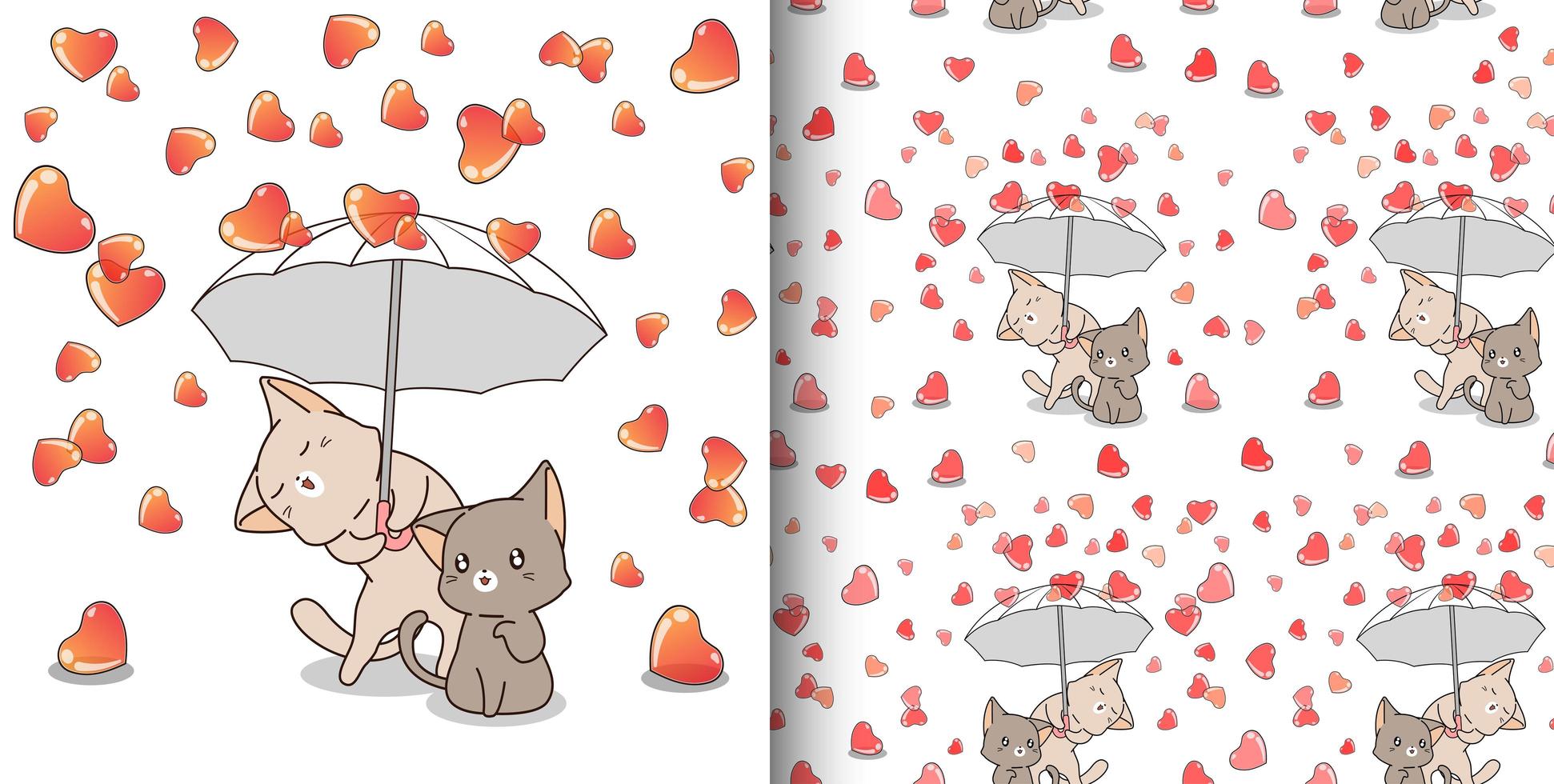 gatti che tengono ombrello mentre piove motivo a cuori vettore