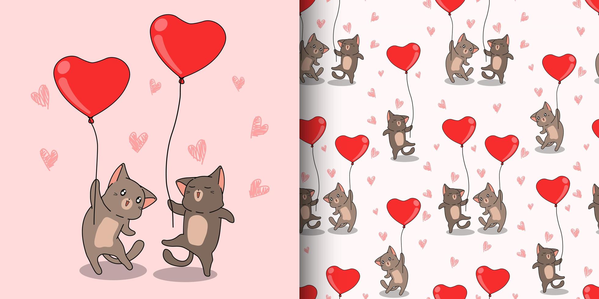 personaggi di gatto kawaii che trasportano palloncini cuore rosso modello vettore
