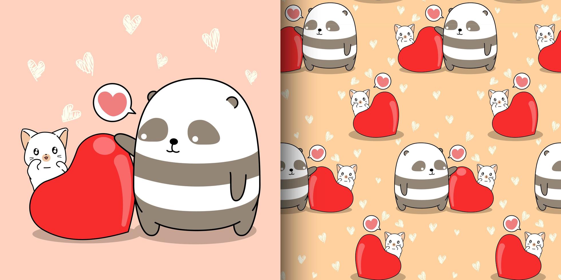 Panda e gatto kawaii senza cuciture con grande cuore vettore