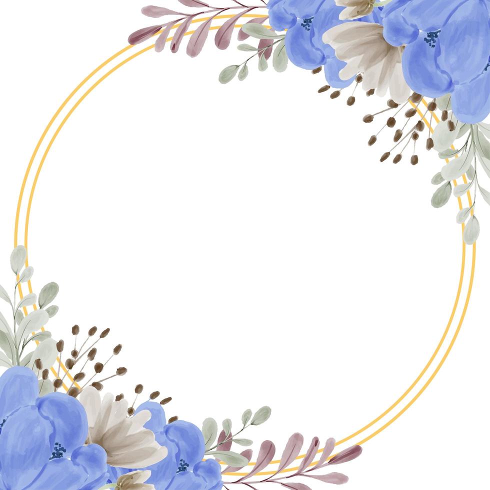 cornice di fiori di peonia blu acquerello con cerchio dorato vettore