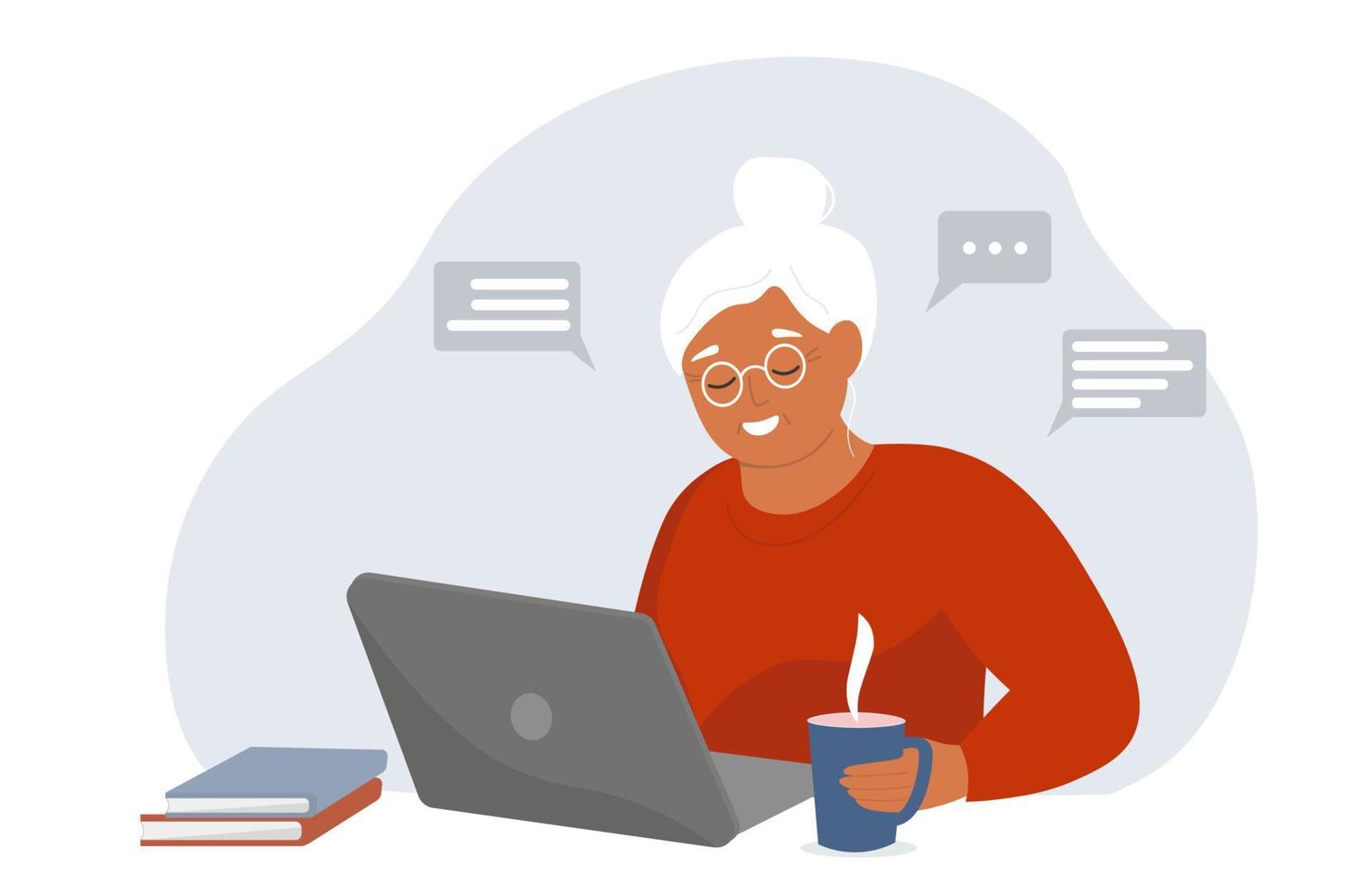 un anziano donna è seduta con un' il computer portatile. il vecchio signora comunica, studi, lavori in linea. un' dai capelli grigi moderno nonna. vettore grafica.