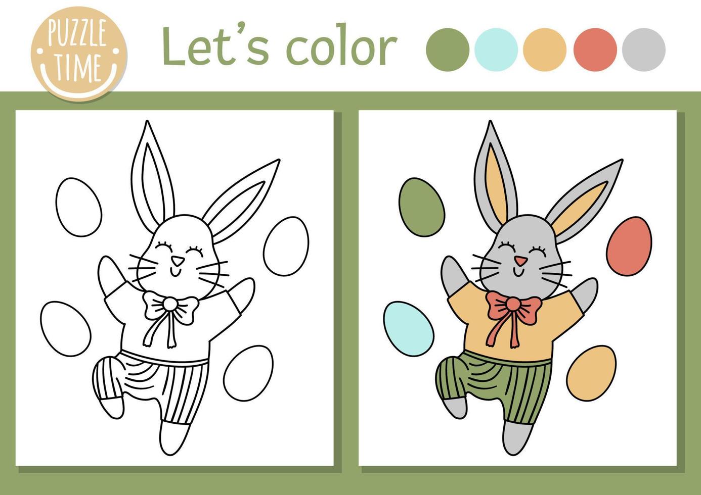 Pasqua colorazione pagina per bambini. divertente coniglietto con colorato uova. vettore vacanza schema illustrazione con carino tradizionale animale. adorabile primavera colore libro per bambini con colorato esempio