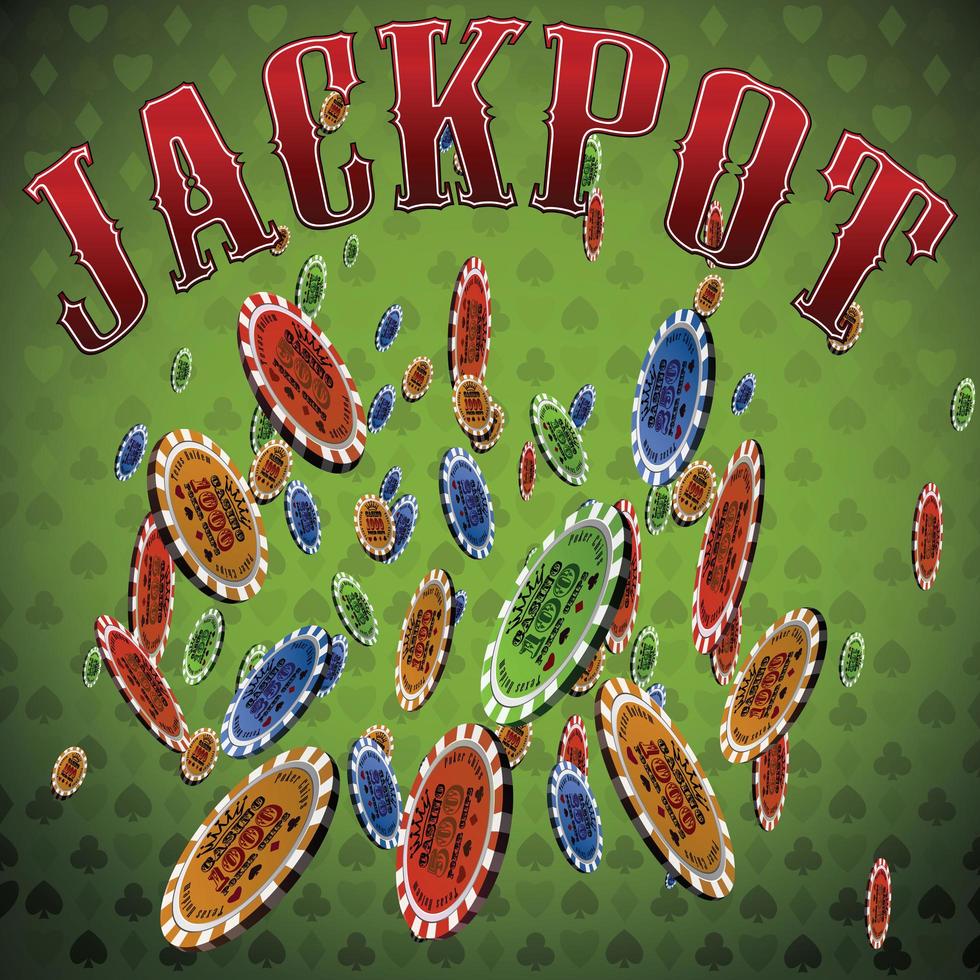 poker chips molti che cadono jackpot testo sfondo verde vettore
