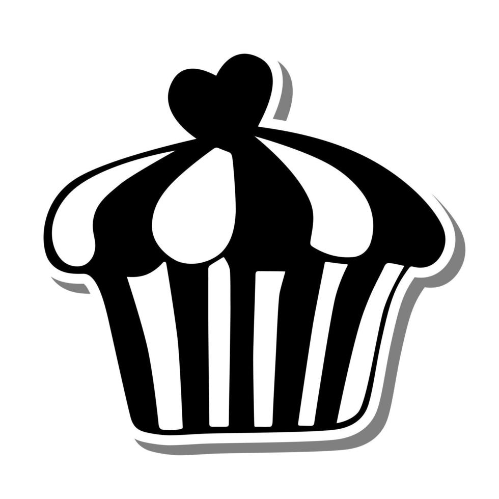 monocromatico Cupcake con cuore su bianca silhouette e grigio ombra. vettore illustrazione per decorazione o qualunque design.