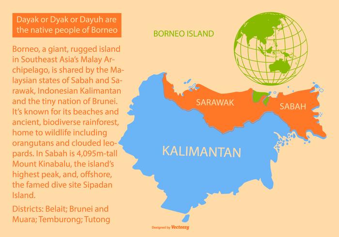 Mappa colorata dell'isola del Borneo vettore