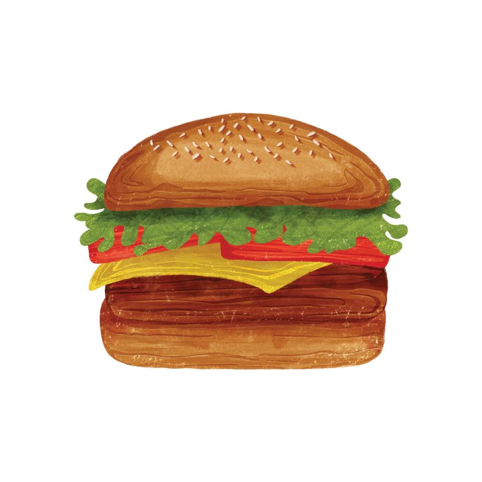acquerello Hamburger con carne, formaggio, lattuga e pomodori grafica 13 vettore