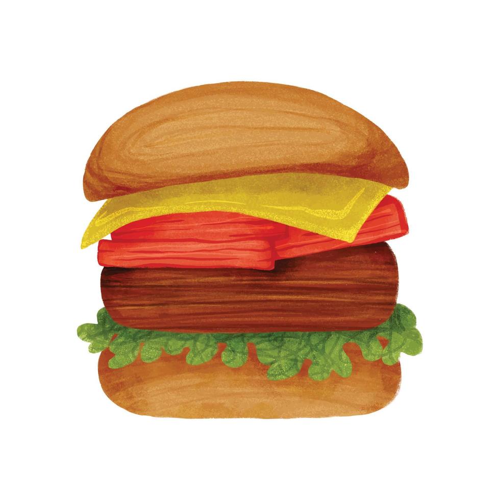 acquerello Hamburger con carne, formaggio, lattuga e pomodori grafica 11 vettore