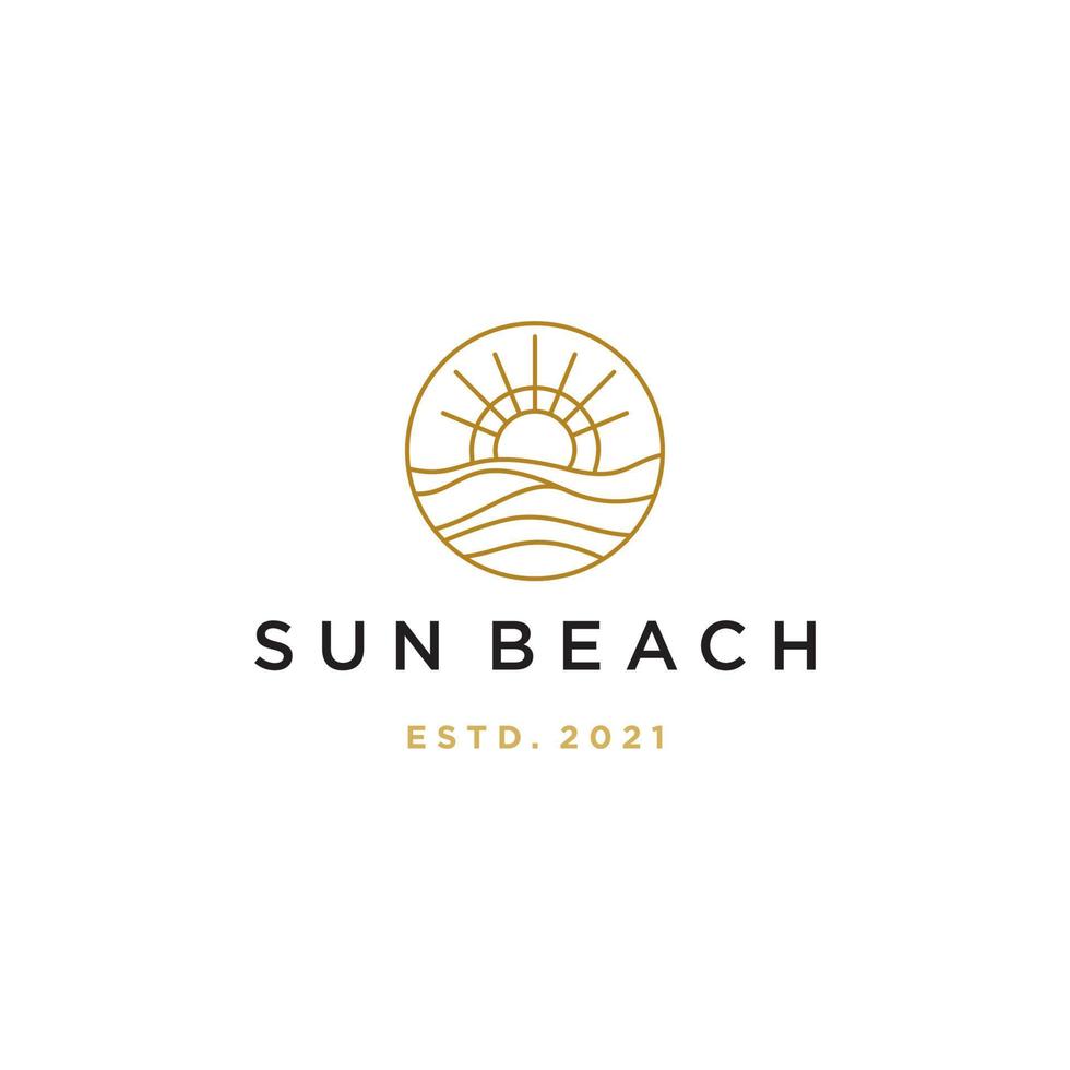 elegante fricchettone oro sole tramonto Alba con spiaggia oceano mare acqua logo icona vettore nel di moda linea lineare, schema logo vettore per Hotel