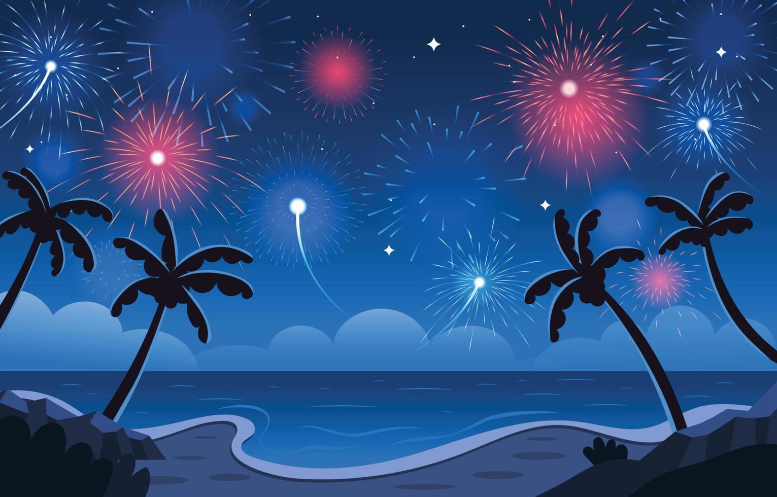 fuoco d'artificio notte su spiaggia scena concetto vettore