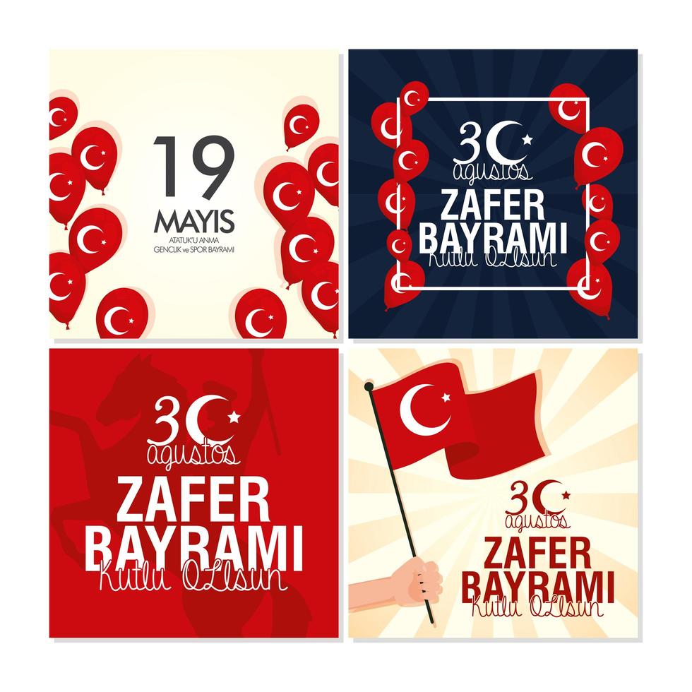 zafer bayrami e ataturk set di carte per celebrazioni turche vettore