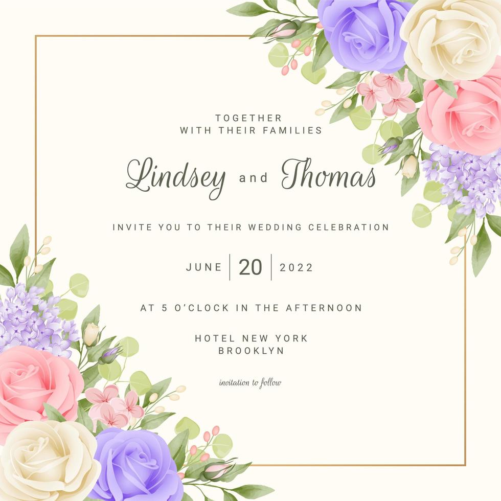 modello di carta di nozze floreale con rose e cornice vettore