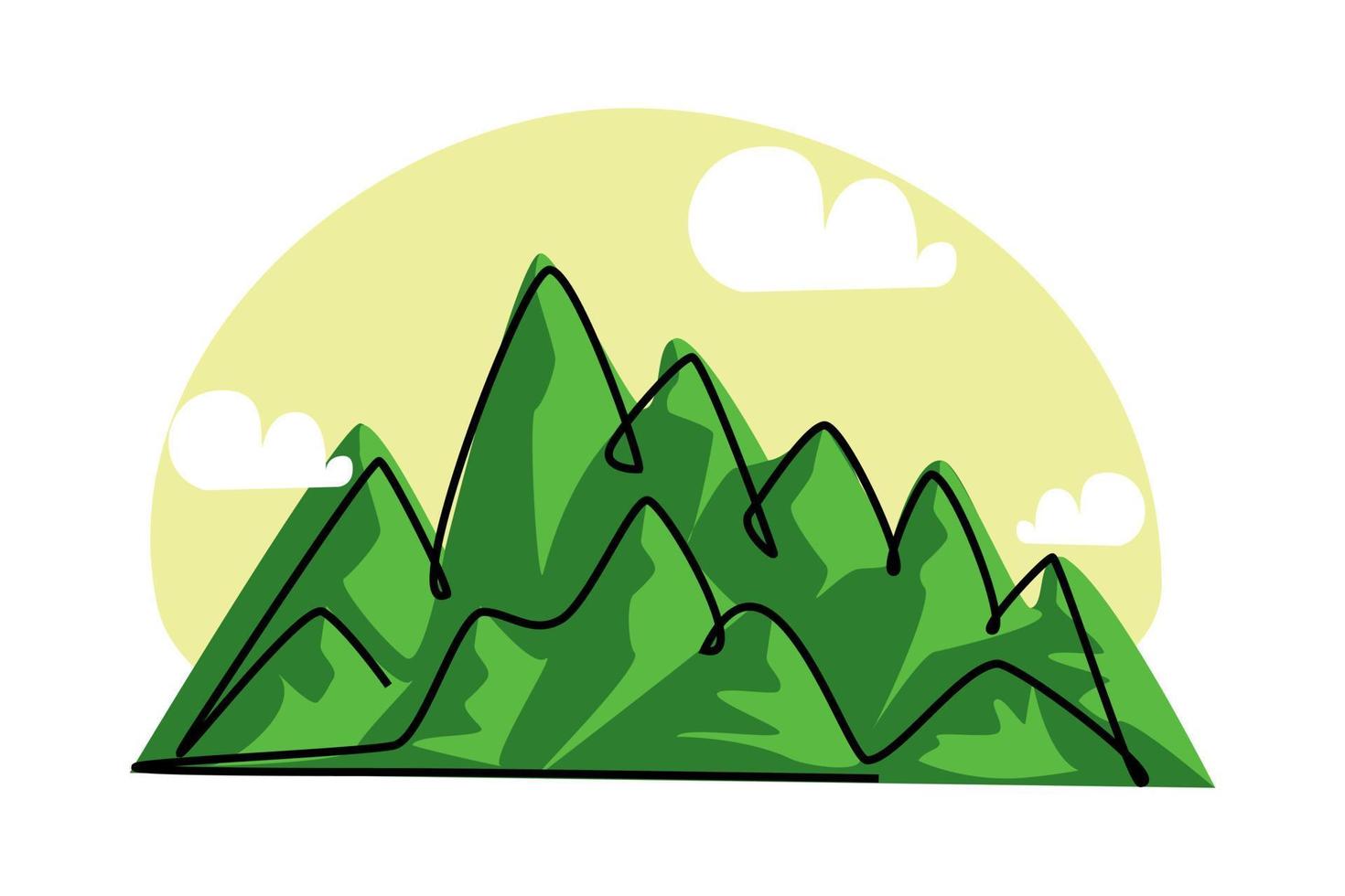 singolo linea disegno di un' montagna e pini alberi. Perfetto natura panorama. minimalista mano disegnato stile design per natura vita concetto vettore