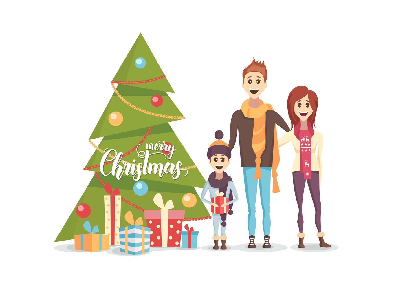 famiglia felice con albero di Natale decorato vettore