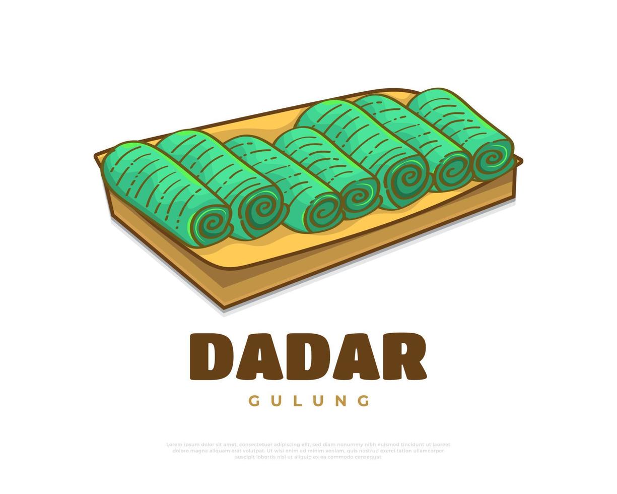 mano disegnato indonesiano tradizionale cibo di nome dadar gulung. indonesiano merenda, dolce pancake rotoli pieno con grattugiato Noce di cocco vettore