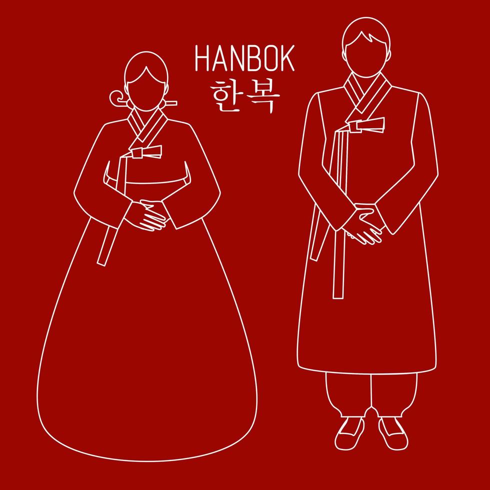 uomini e donne nel bellissimo coreano tradizionale Abiti, hanbok. tradizionale coreano abiti. coreano popolare vestiario. vettore illustrazione nel lineare stile su un' rosso sfondo.