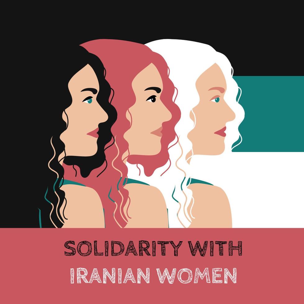 femmina viso profilo tre sagome diverso colore capelli occhi. iraniano bandiera sfondo. solidarietà con iraniano donne. internazionale supporto per donne vita la libertà protesta. vettore illustrazione.
