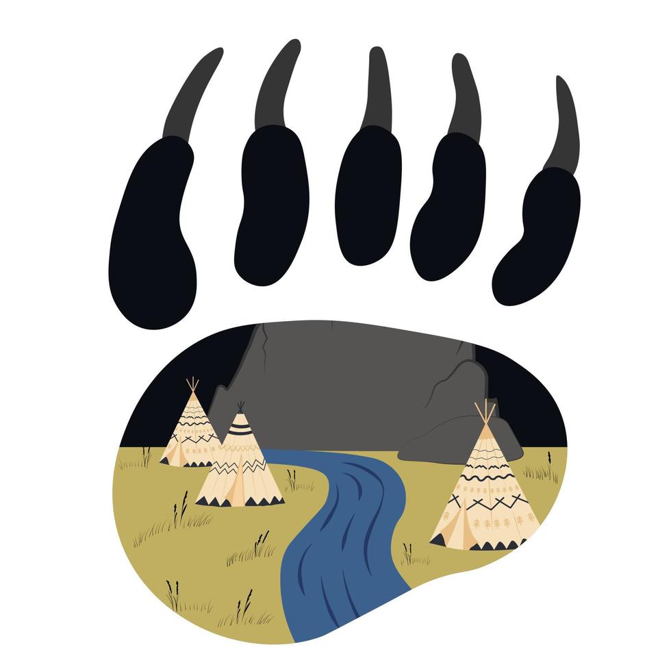 selvaggio ovest. il pista di il orso. logo. un' carta geografica con figwams e montagne. vettore illustrazione. isolato su un' bianca sfondo. Wigwam, tenda-wigwam, casa di nativo americani.