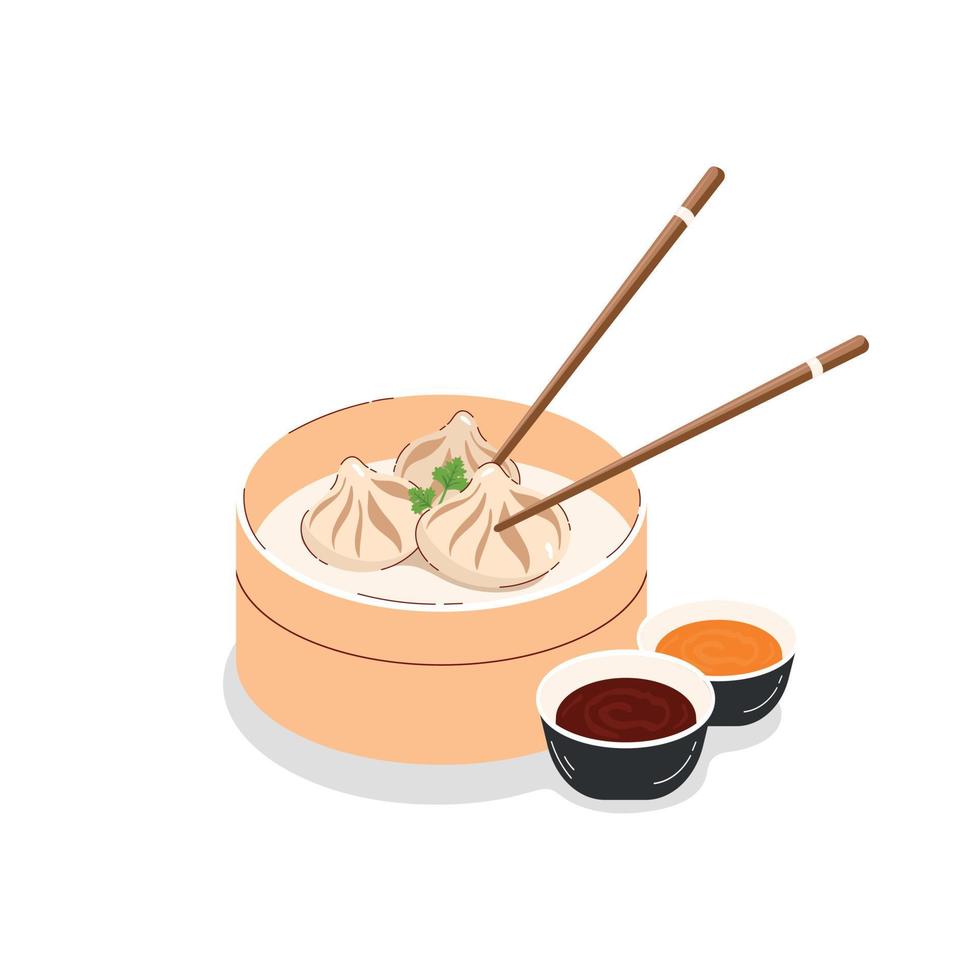 asiatico cibo, xiao lungo bao, al vapore Cinese panini nel un' bambù cestino con salse su bianca sfondo. vettore illustrazione