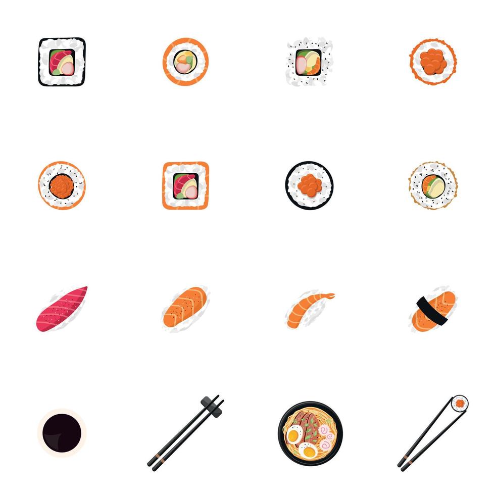 piatto stile icone di giapponese cibo, Sushi e rotoli, ramen, bastoni su bianca sfondo. per applicazione disegno, asiatico cibo consegna sito web. vettore