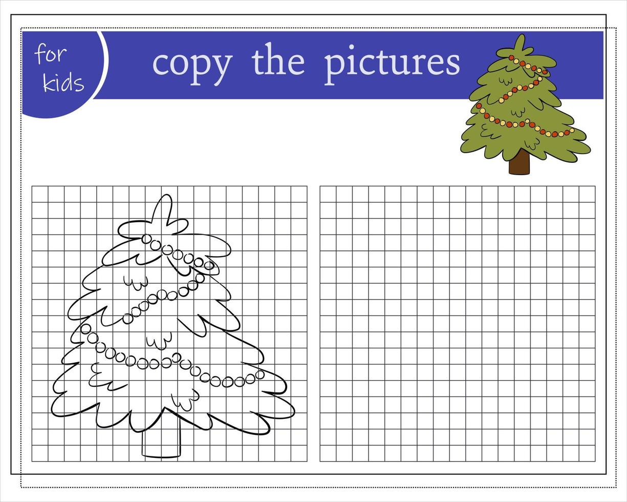 copia il immagine, educativo Giochi per bambini, cartone animato Natale albero. vettore