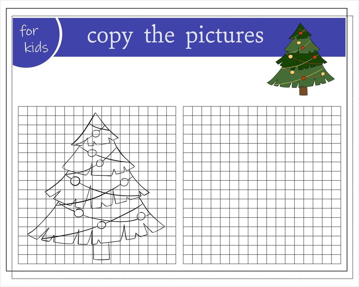 copia il immagine, educativo Giochi per bambini, cartone animato Natale albero. vettore