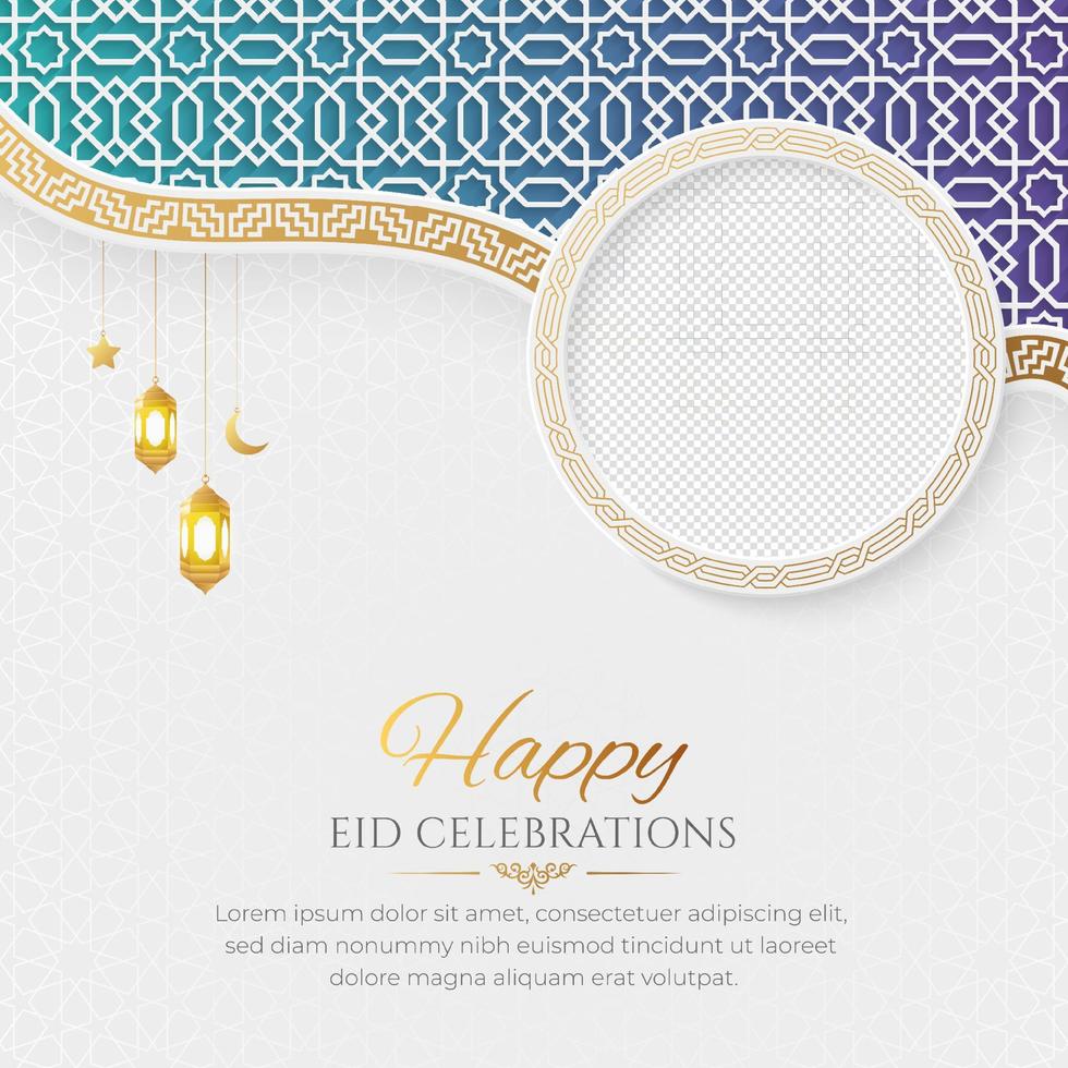 eid mubarak d'oro lusso islamico sociale media inviare con Arabo stile modello e foto telaio vettore