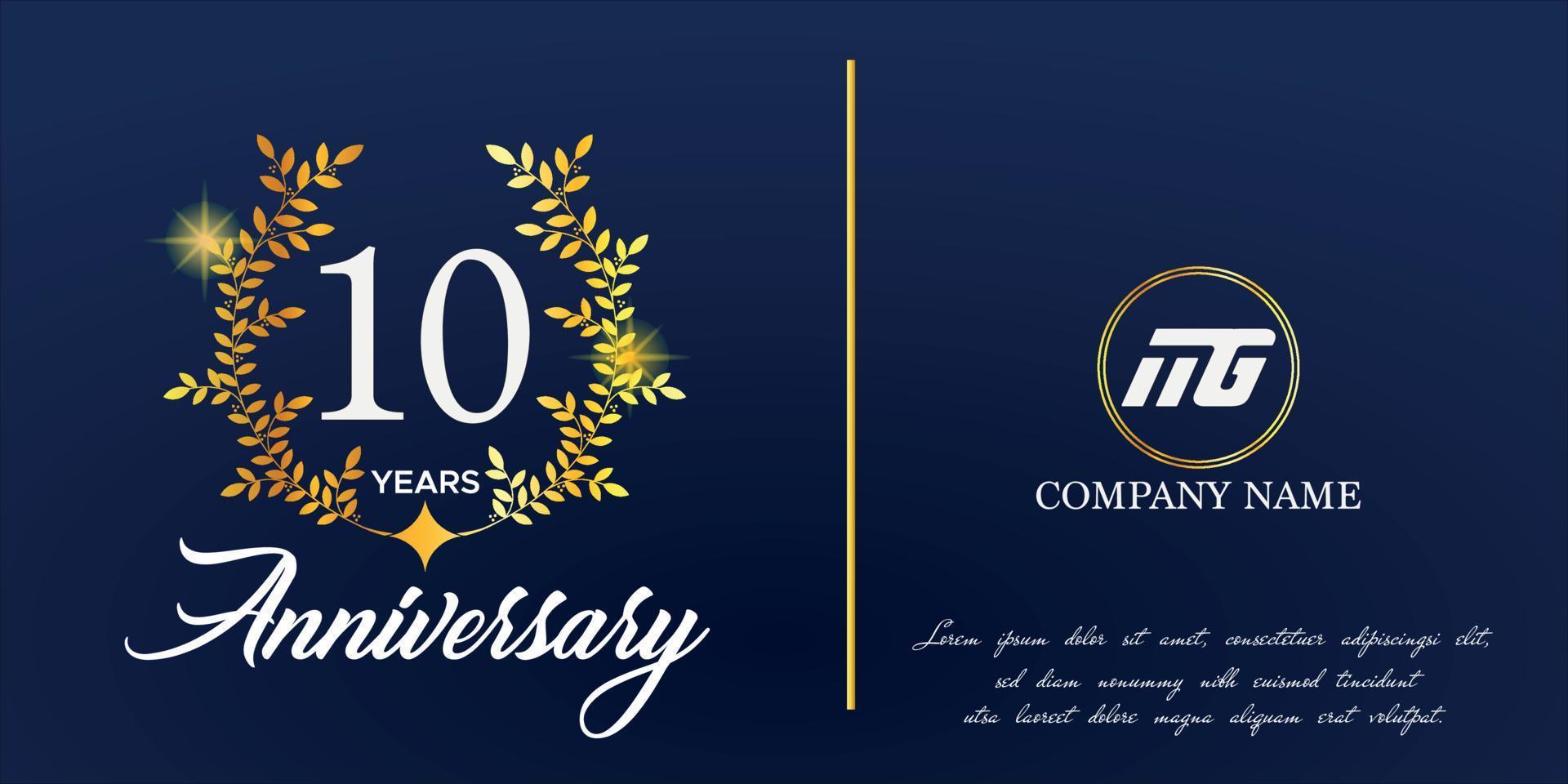 10 ° anniversario logo con elegante ornamento monogramma e logo nome modello su elegante blu sfondo, brillare, vettore design per saluto carta.