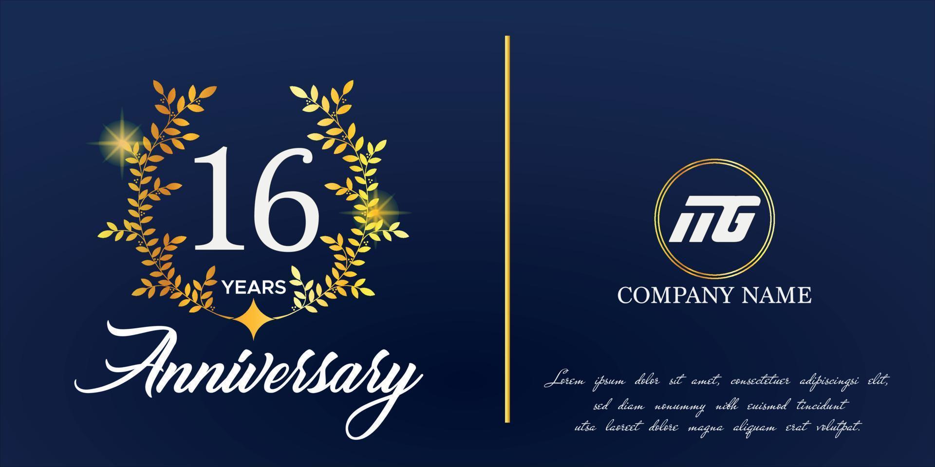 16 ° anniversario logo con elegante ornamento monogramma e logo nome modello su elegante blu sfondo, brillare, vettore design per saluto carta.