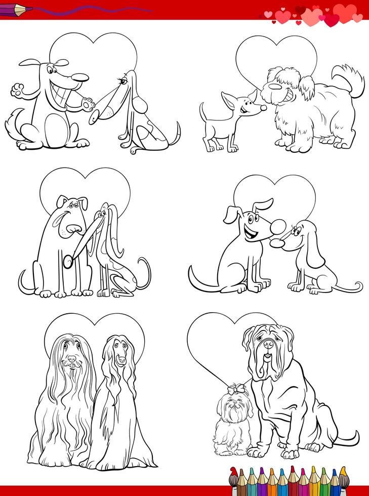 Coppie di cani innamorati cartoni animati da colorare pagina del libro vettore