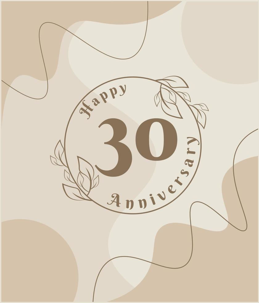 30 anno anniversario, minimalista logo. Marrone vettore illustrazione su minimalista fogliame modello disegno, le foglie linea arte inchiostro disegno con astratto Vintage ▾ sfondo.