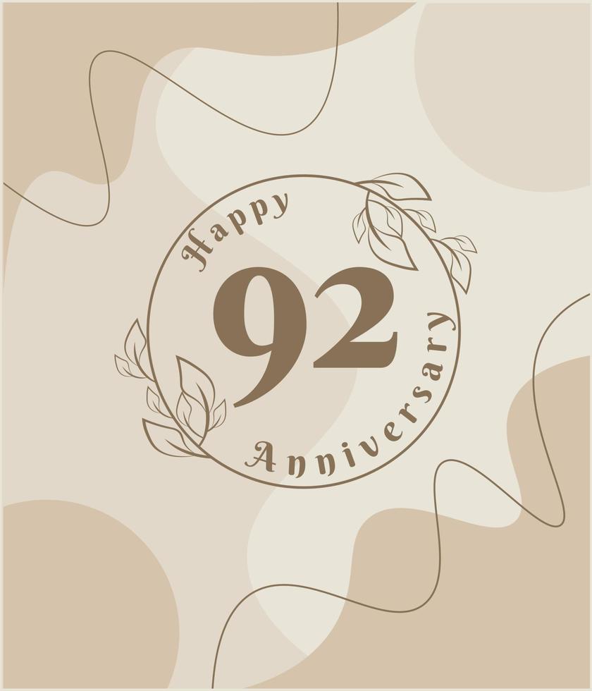 92 anno anniversario, minimalista logo. Marrone vettore illustrazione su minimalista fogliame modello disegno, le foglie linea arte inchiostro disegno con astratto Vintage ▾ sfondo.