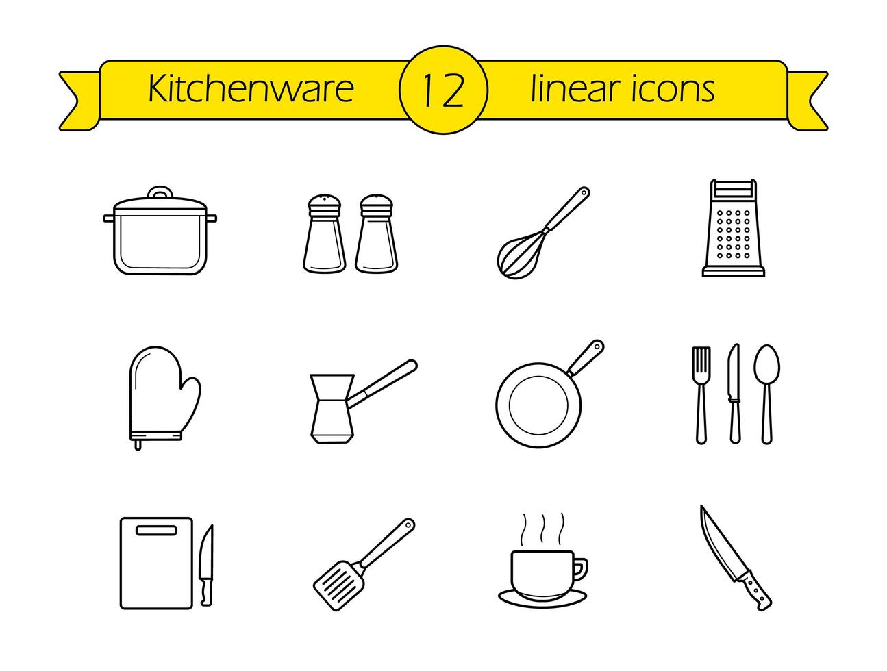 set di icone lineare di stoviglie. vettore