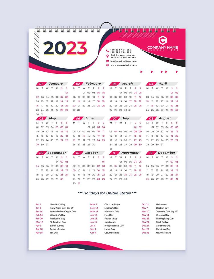 calendario 2023, uno pagina parete calendario disegno, singolo pagina calendario, 12 mesi calendario disegno, Stampa pronto, a3 dimensione vettore