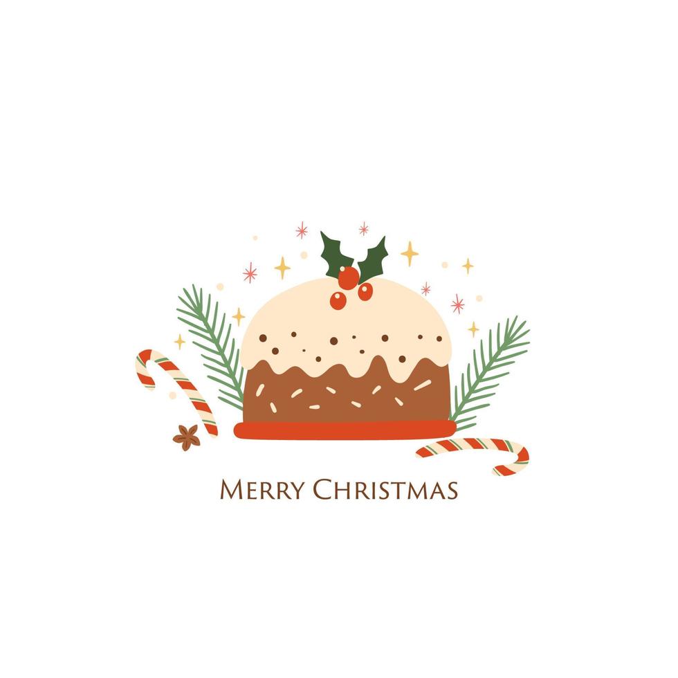 Natale budino isolato vettore elemento. gustoso Natale torta o carino inverno vacanza torta con agrifoglio bacca cibo illustrazione. al forno Natale dolce mano disegnato carta, manifesto. natale cibo