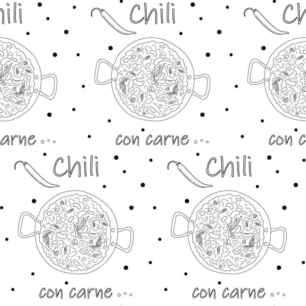 senza soluzione di continuità modello di chili con carne nel grande pentola e iscrizione e chili peperoni su il sfondo vettore