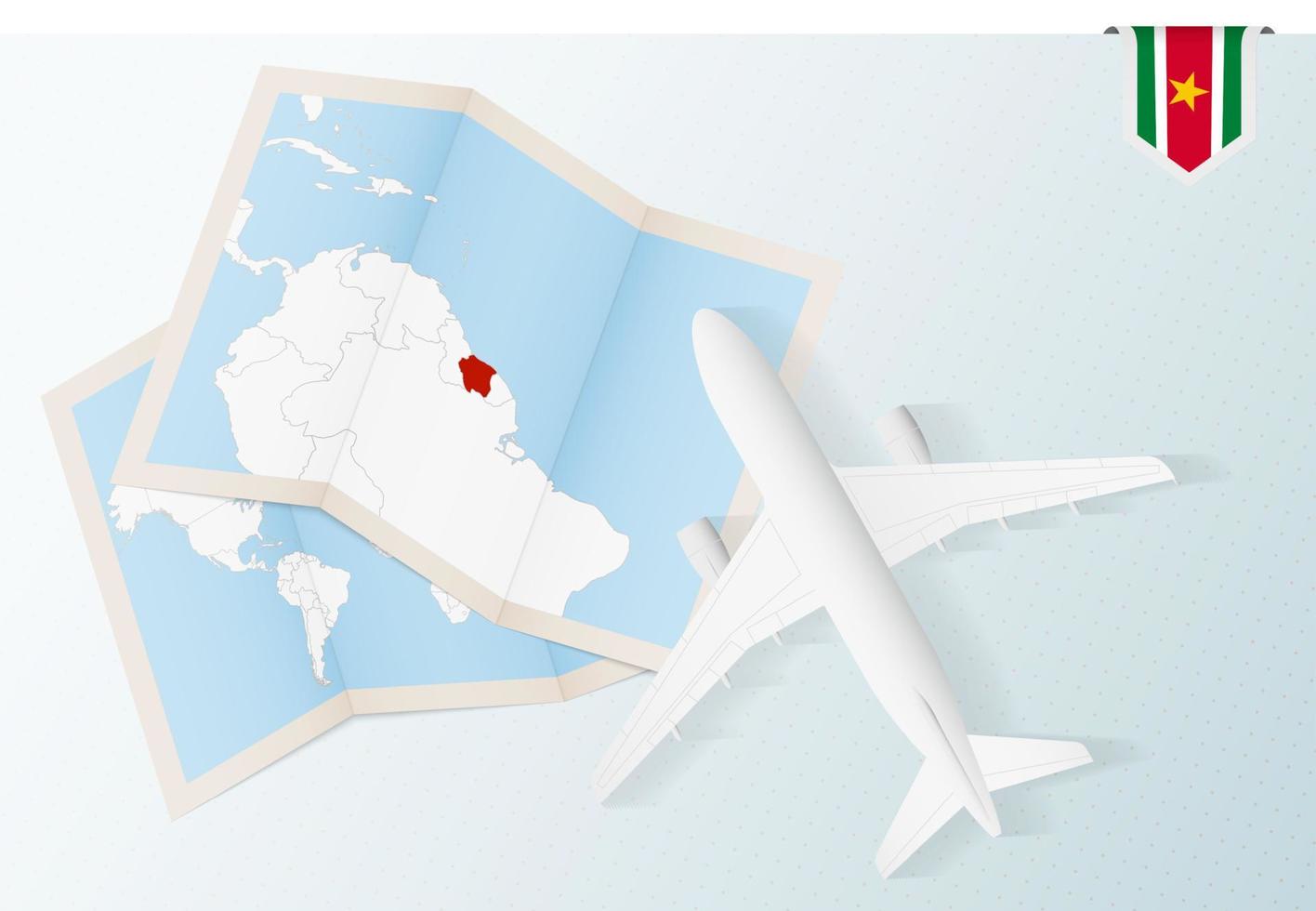 viaggio per Suriname, superiore Visualizza aereo con carta geografica e bandiera di suriname. vettore