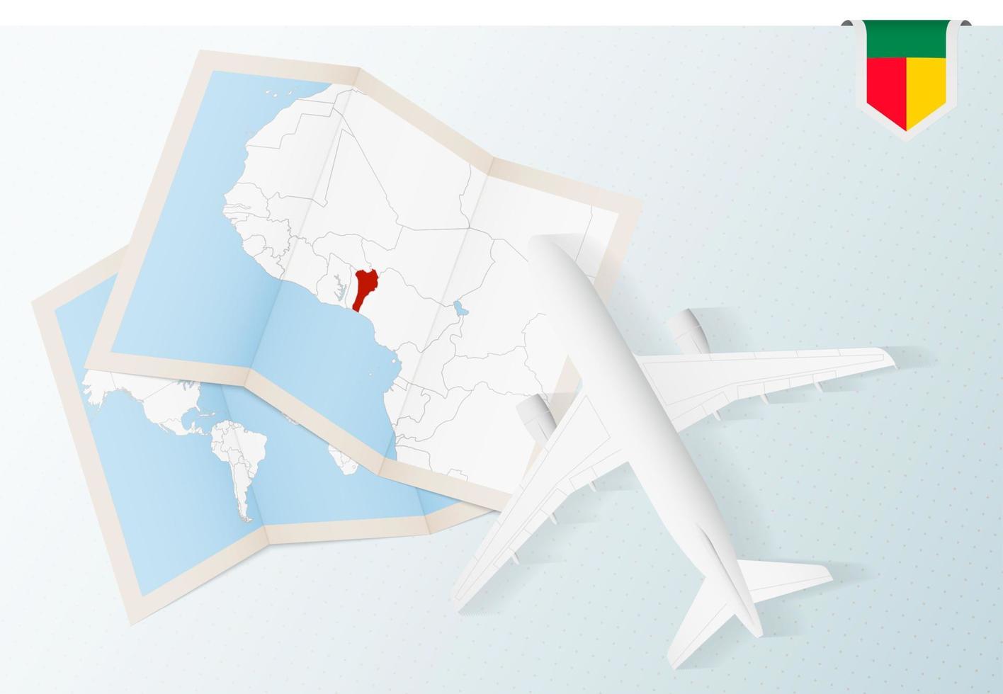 viaggio per benin, superiore Visualizza aereo con carta geografica e bandiera di benin. vettore