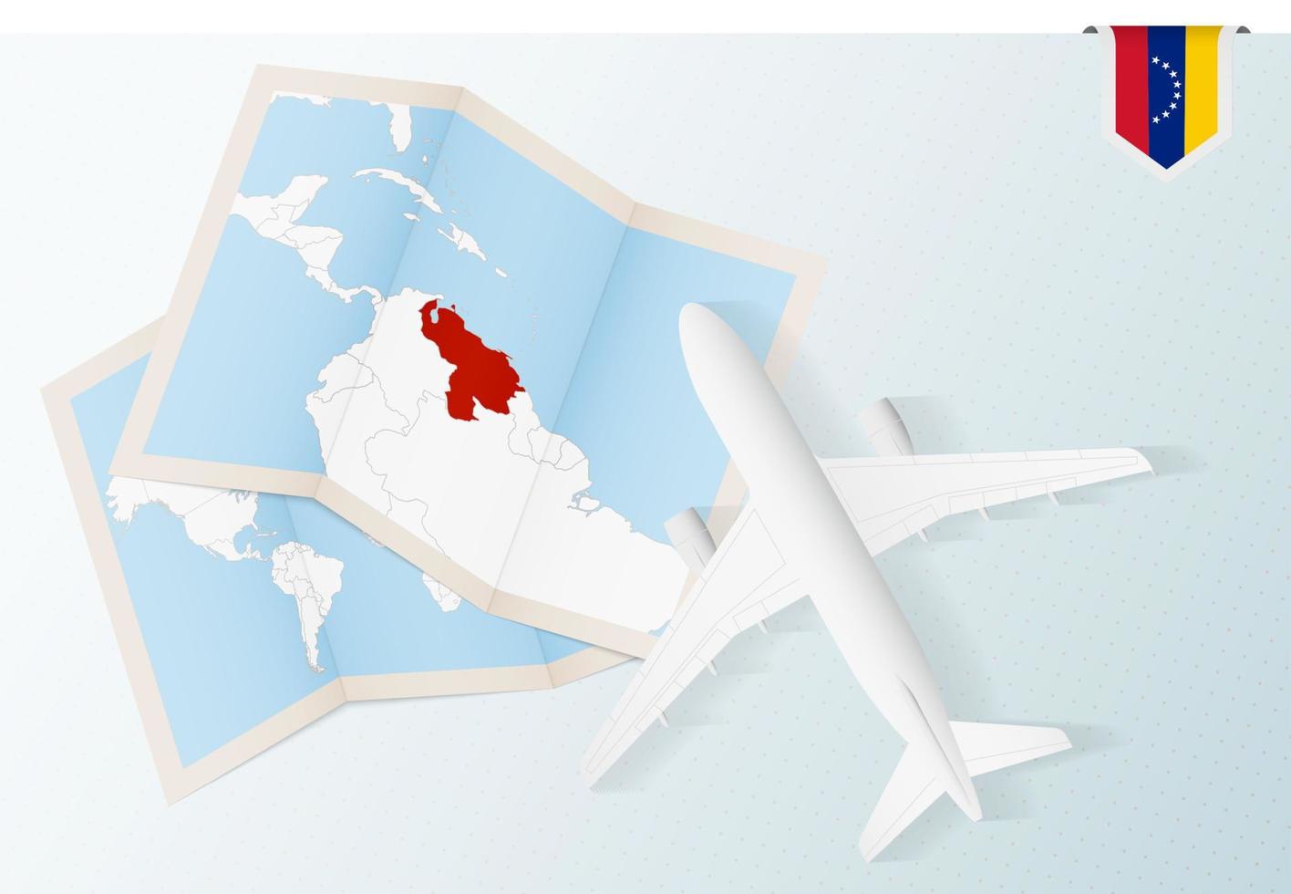 viaggio per Venezuela, superiore Visualizza aereo con carta geografica e bandiera di Venezuela. vettore