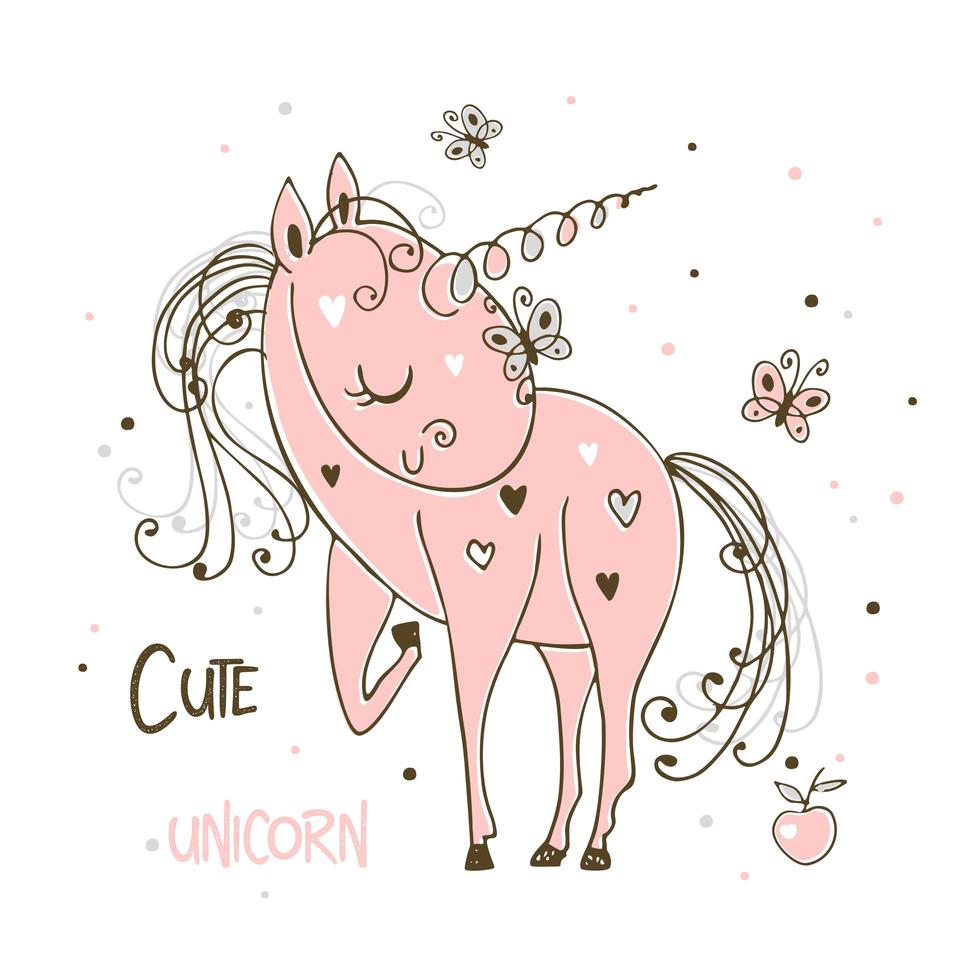 dolce unicorno rosa carino con farfalle vettore