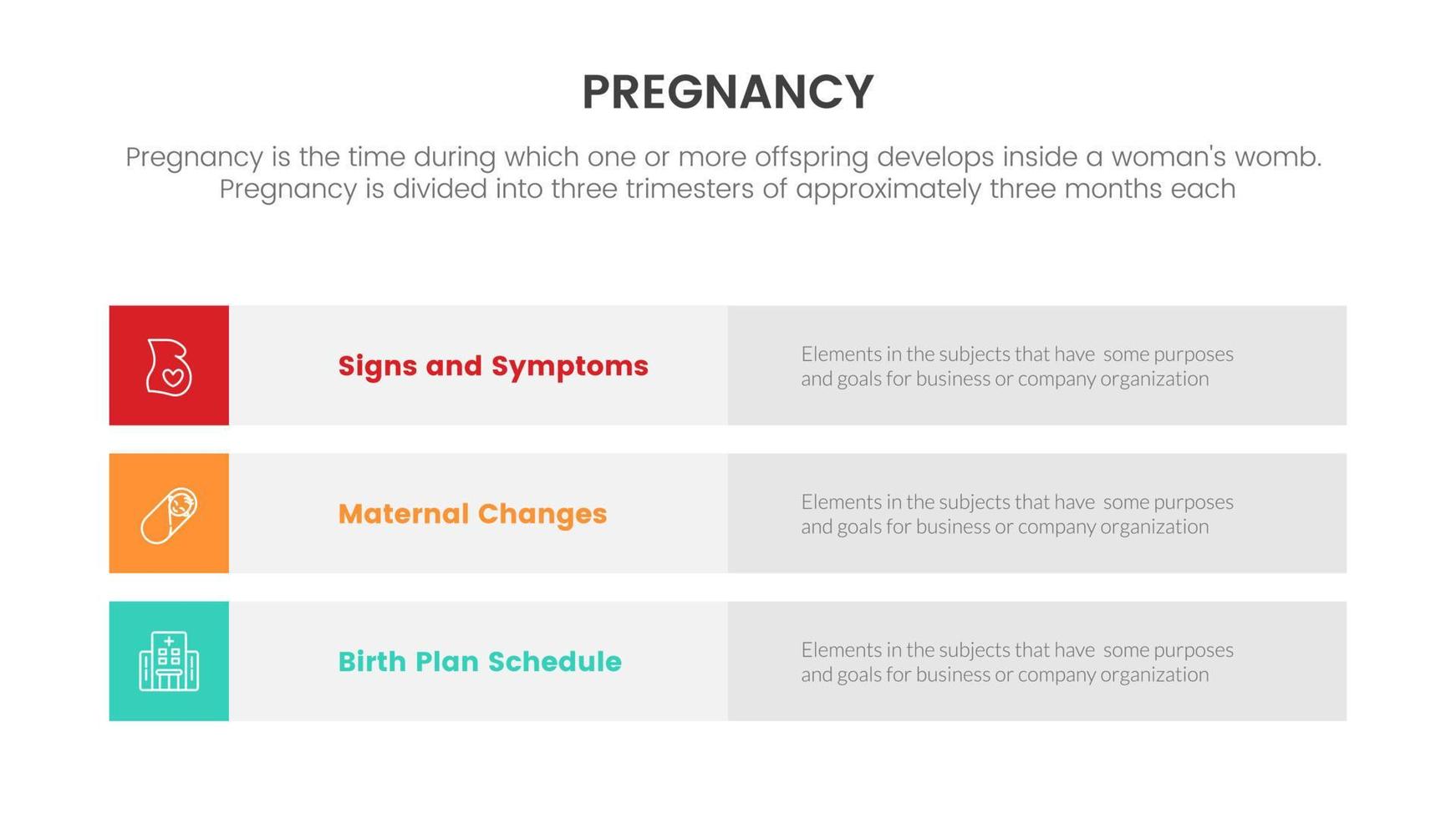 Incorniciato informazione dati incinta o gravidanza Infografica concetto per diapositiva presentazione con 3 punto elenco vettore