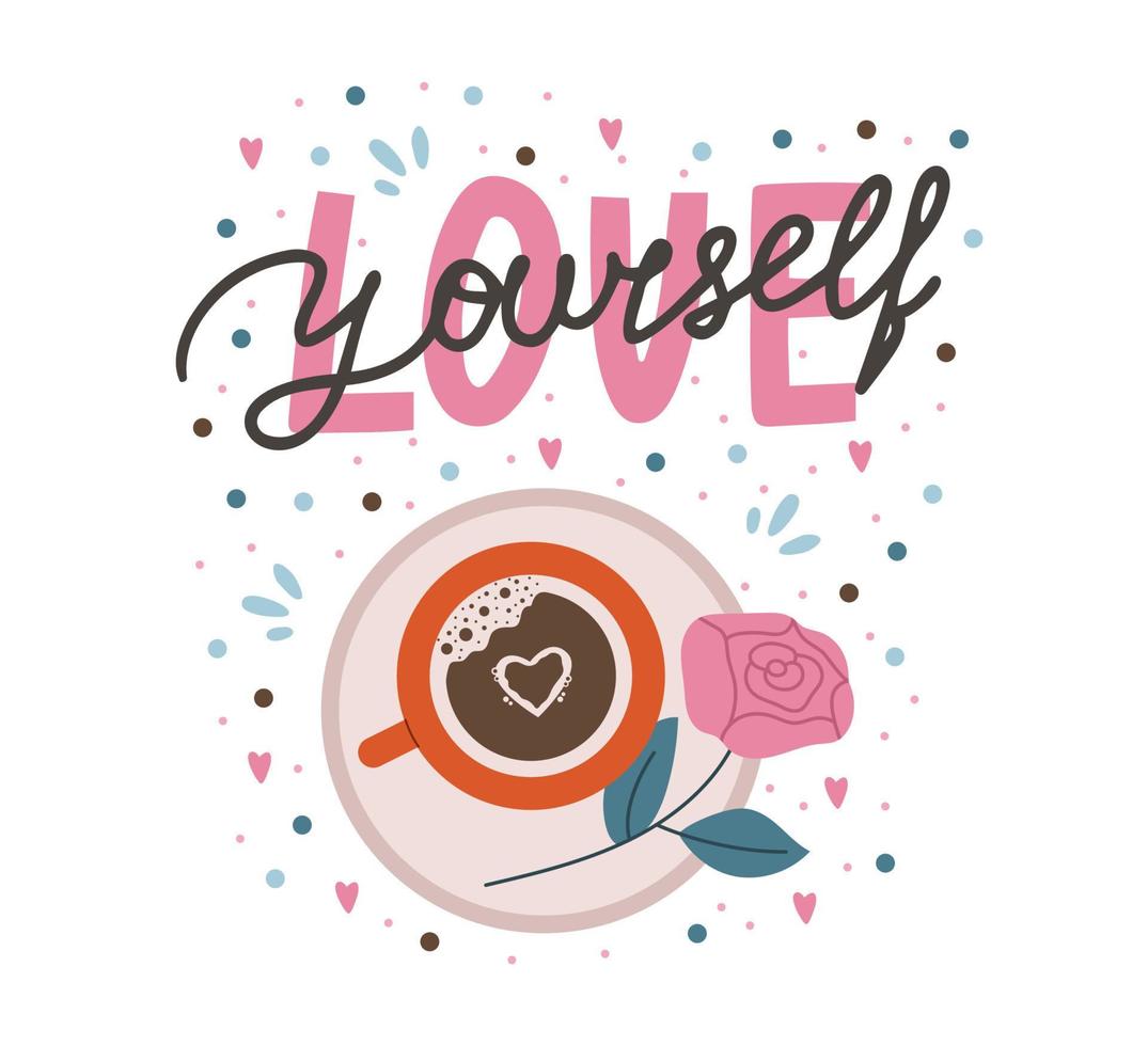 romantico lettering con caffè e rosa vettore